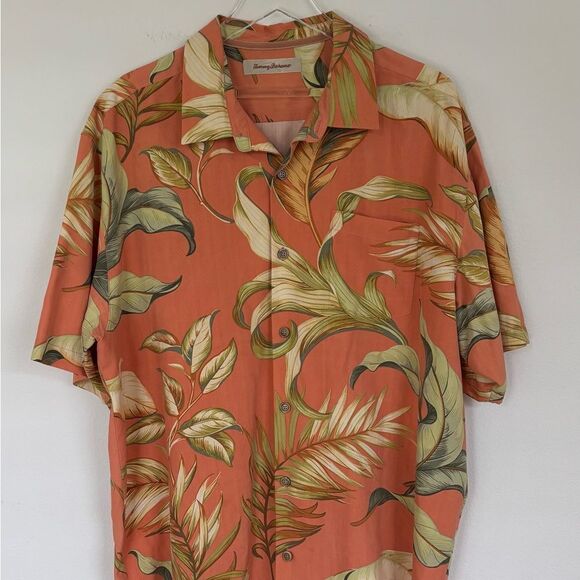 Tommy Bahama 100% Silk Hawaiian Shirt Orange Palm Tree Design Button Up Size XL - Picture 1 of 13